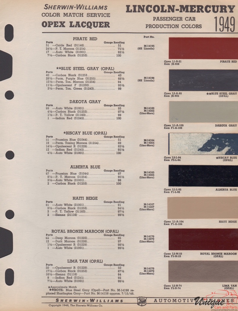 1949 Lincoln Paint Charts Williams 2